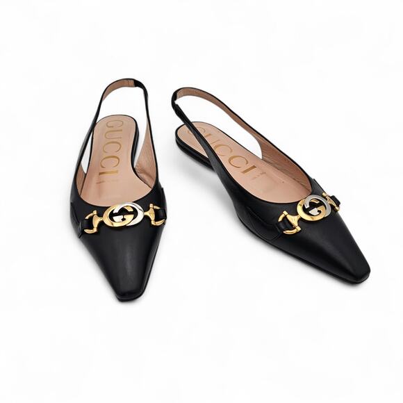 Gucci Shoes - Gucci GG Horsebit Zumi Slingback Flat Black Leather Gold Silver Size 37 US 7